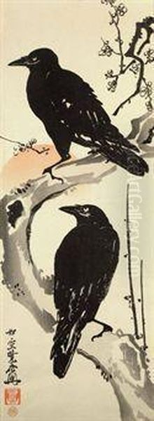 Two Crows On A Plum Branch With Rising Sun - view 1