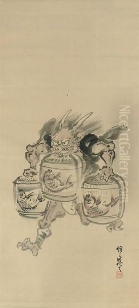 A Demon Charging Off With Three Sake Barrels - view 1