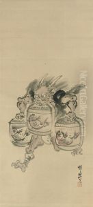 A Demon Charging Off With Three Sake Barrels by Kawanabe Kyosai