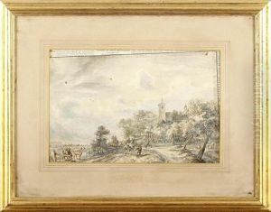 Herders With Cattle In A Road, A Church In The Distance by Karel La Fargue