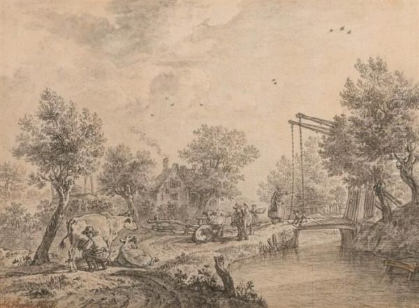Landschaft Mit Gehoft Und Kuhhirten An Einem Bach Mit Zugbrucke. - view 1