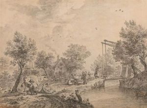 Landschaft Mit Gehoft Und Kuhhirten An Einem Bach Mit Zugbrucke. by Karel La Fargue