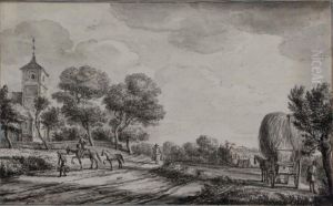 View Of Leidschendam, With Peasants Milking Cattle by Karel La Fargue