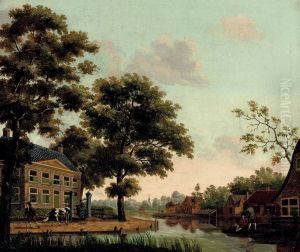 A Town Along A River With Figures Conversing And A Man Draggingalong A Cow On A Path