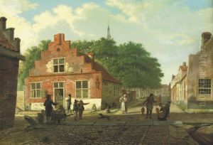 A Village Street With Figures Working And Conversing