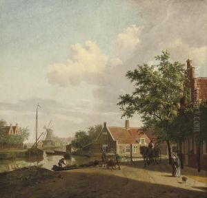 A Town With Figures Working And Conversing Along A River, Awindmill Beyond by Paulus Constantin La Fargue