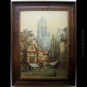 European Street Scene With Cathedral by Rhoda La Marsh