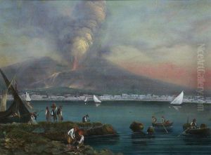 Figures On The Shore With Vesuvius Erupting In The Background