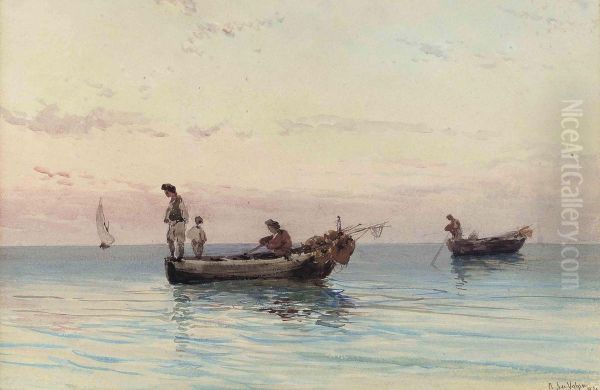Neapolitan Fishermen On Still Waters At Dusk - view 1