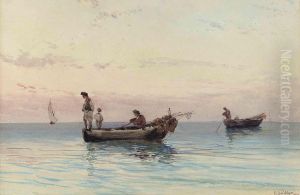 Neapolitan Fishermen On Still Waters At Dusk by Alessandro la Volpe