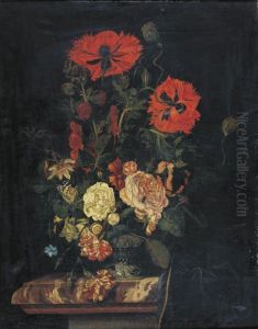 Still Life With Poppies, Roses, Carnations And Other Flowers In A Vase Resting On A Marble-top Table