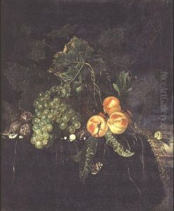 Still Life With Peaches, Grapes On A Draped Ledge With A Snail And Butterfly by Nicolaes Lachtropius