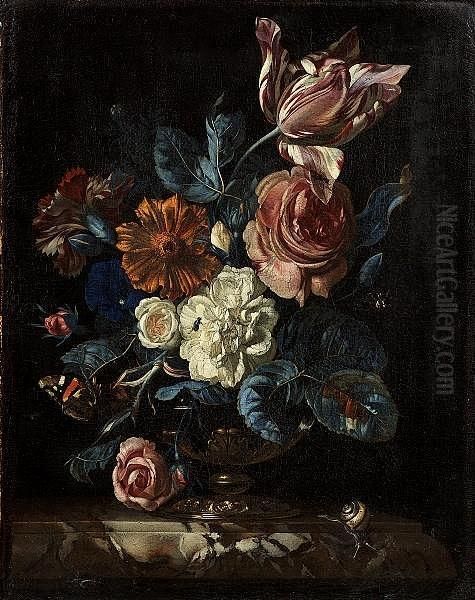 Roses, A Tulip, A Carnation And Other Flowers In A Gilt Bronze Mounted Bowl On A Marble Ledge With A Snail, A Red Admiral Butterfly And Other Insects - view 1