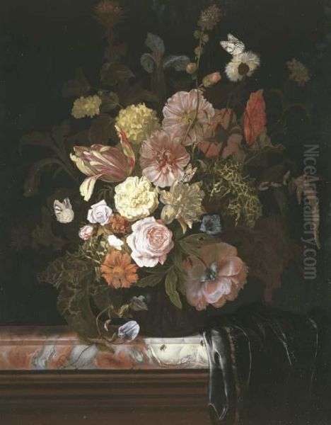 Roses, Peonies, Tulips And Other Flowers, In A Glass Bowl Standing On A Veined Marble Slab, The Corner Which Is Covered In A Plum-colored Silk Drapery - view 1