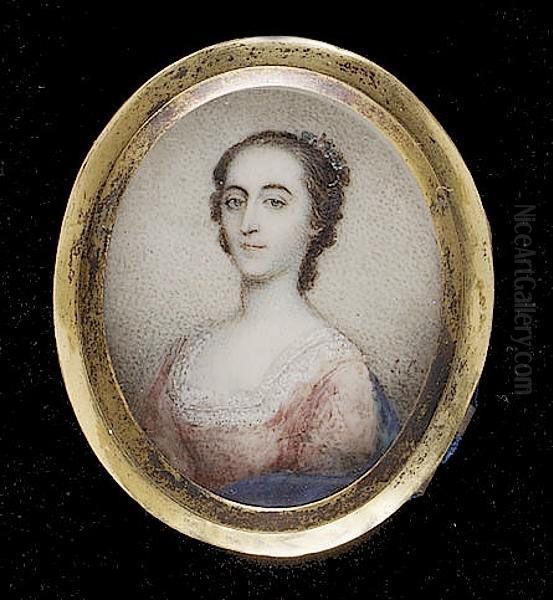 A Lady, Wearing Pink Dress, With White Lace Trim, A Blue Shawl Around Her Shoulders, Flowers In Her Upswept Hair - view 1