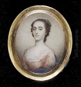 A Lady, Wearing Pink Dress, With White Lace Trim, A Blue Shawl Around Her Shoulders, Flowers In Her Upswept Hair