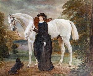 Portrait Of A Lady With A Grey Horse And A Dogat Her Feet, A Landscape Beyond by Jean Edouard Lacretelle