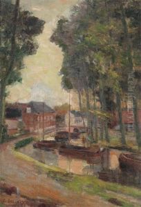 Village View With Boats On The Canal by Clemence Lacroix