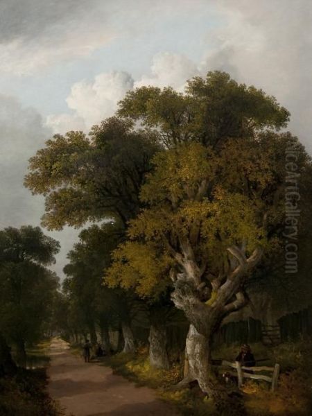 A Woodland Road With A Sportsman And His Dog And Travellers Resting Beyond - view 1