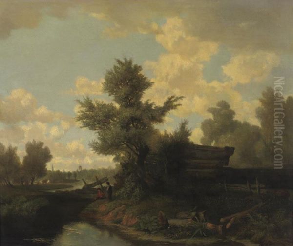 Children Playing By A Stream - view 1