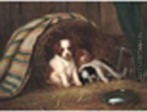 Puppies Ina Basket Signed, Oil On Canvas 25 X 34in by Ernest Laddey
