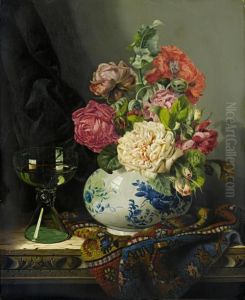 Roses In A Blue And White Vase With A Roemer And A Turkish Carpet