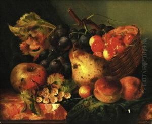 Still Life Of An Apple, 
A Pear, 
Peaches And Grapes In A Basket On A Ledge