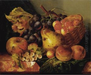Still Life With Apples, Cherries, Pear And Black Grapes On A Marble Ledge by Ellen Ladell