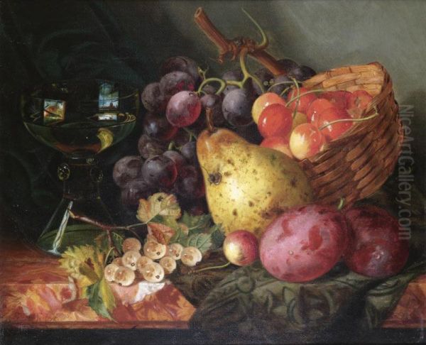 Still Life With A Basket Of Cherries, A Pear, Plums And White-currants On A Marble Ledge - view 1