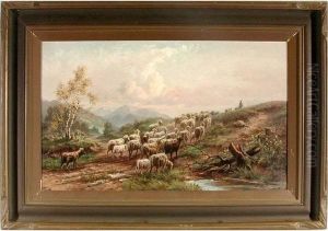 Sheep Herder And Flock In Mountainlandscape