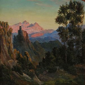 Italian Landscape With Pink Mountains And A Ruined Fortress In The Evening Sun by Thorald Laessoe