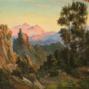 Italian Landscape With Pink Mountains And A Ruined Fortressin The Evening Sun by Thorald Laessoe