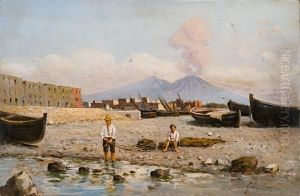 Spiaggia Isolana Con Barche In Secca, Pescatori E Vista Del Vesuvio
