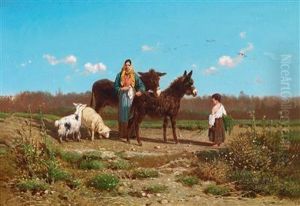 Landschaft Mit Frau, Kind Und Zwei Eseln
