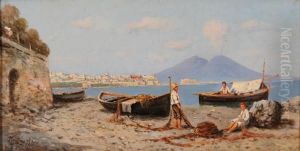 Pescatori Alla Rete Sullo Sfondo Del Vesuvio