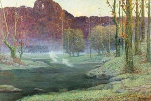 Abendliche Parklandschaft Mit Teich.