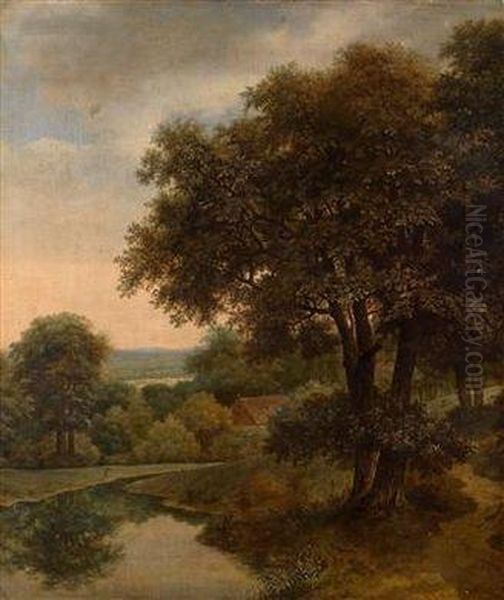 A Wooded Landscape With A Streamlet And Afarmhouse Amidst Trees - view 1
