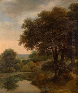 Bewaldete Landschaft Mit Wasserlauf Und Einem Bauernhaus