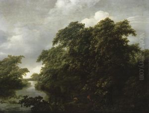 A River Landscape With Two Fishermen Mooring Their Boat by Johan Lagoor