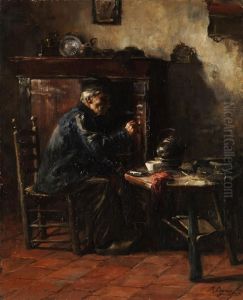 Alter Hollandischer Mann Mit Kappe,blauem Kittel Und Holzschuhen by B Lagrand