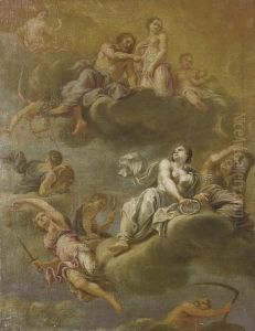 Psyche Received On Olympus, Accompanied By Mercury, The Cardinal Virtues And Eternity by Louis Laguerre