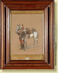 Dragontenant Son Cheval Par La Bride, Mine De Plomb, Aquarelle Et Rehautsde Gouache Blanche Sur Papier Brun