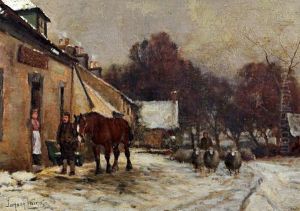 A Scottish Village In Winter, With Figures, Horse And Sheep In Snow by Tomson Laing