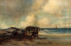 Coastal Scene With Horse, Cart And Figure On The Shore by Tomson Laing