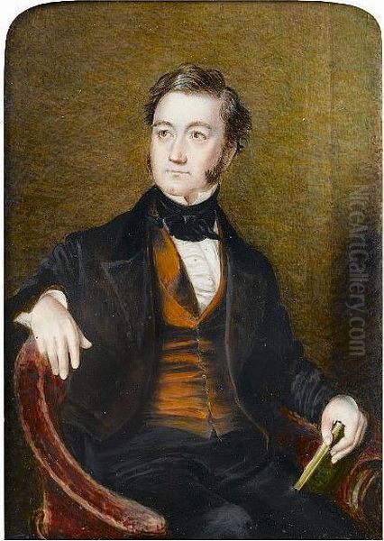 A Gentleman, Seated In A Red Upholstered Chair, Wearing Black Suit, Rust-coloured Waistcoat, White Chemise And Tied Black Stock, He Holds A Book. - view 1