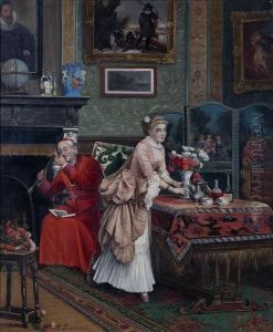 Burgerlijk Interieur Met Pijprokende Kardinaal En Bloemenschikkend Meisje by Henri Adolphe Laissement
