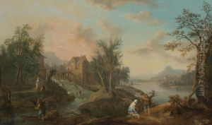 A Coastal Landscape With Figures In A Boat And Along A Path A Coastal Landscape With Figures In A Boat And Along A Path