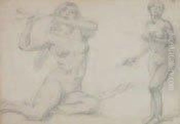 "deux Nus Feminins Dont Une Joueuse Deflute" Dessin Au Crayon, Signe En Bas Au Milieu. 22 X 32 Cm - view 1