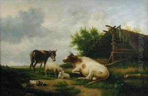 Cattle, Sheep, A Donkey And Ducks In A Pastoral Landscape