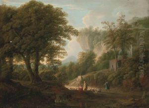 A Mountainous Wooded Landscape With Drovers And Their Flock On A Track